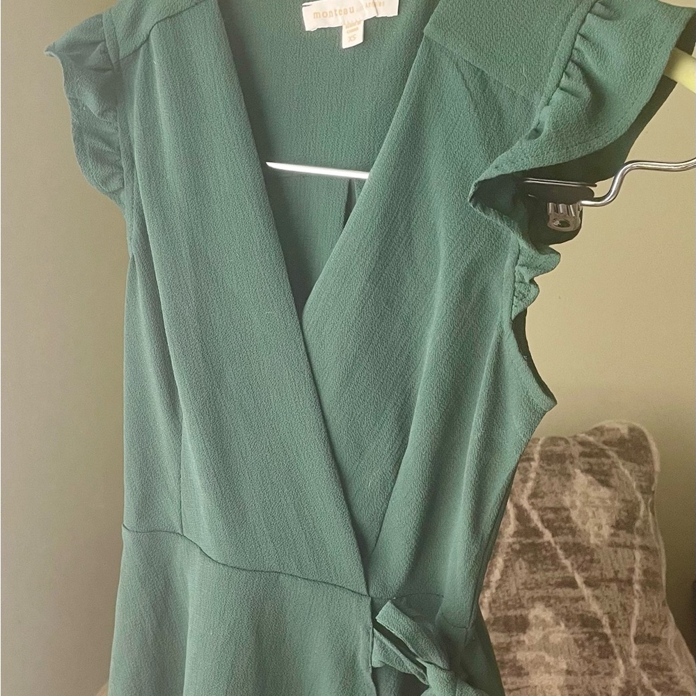 Green Wrap Dress with Ruffle Sleeves